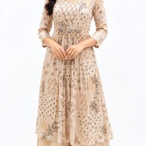 Women's Beige Printed 3-Piece Jacket Palazzo Set