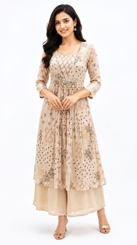 Women's Beige Printed 3-Piece Jacket Palazzo Set